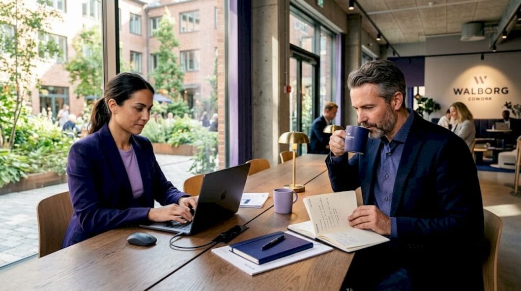 Två personer arbetar vid bärbara datorer i det delade kontoret på Walborg Cowork