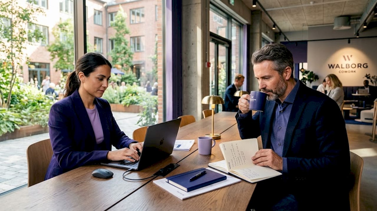 Två personer sitter och jobbar tillsammans på ett delat kontor.