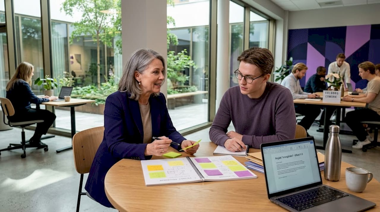 En mentor och en adept sitter och pratar tillsammans i ett coworkingkontor.