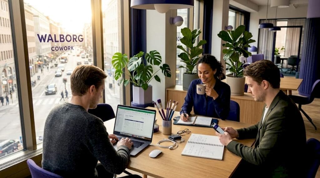 Företagare samarbetar i ett modernt coworkingkontor mitt i Göteborg