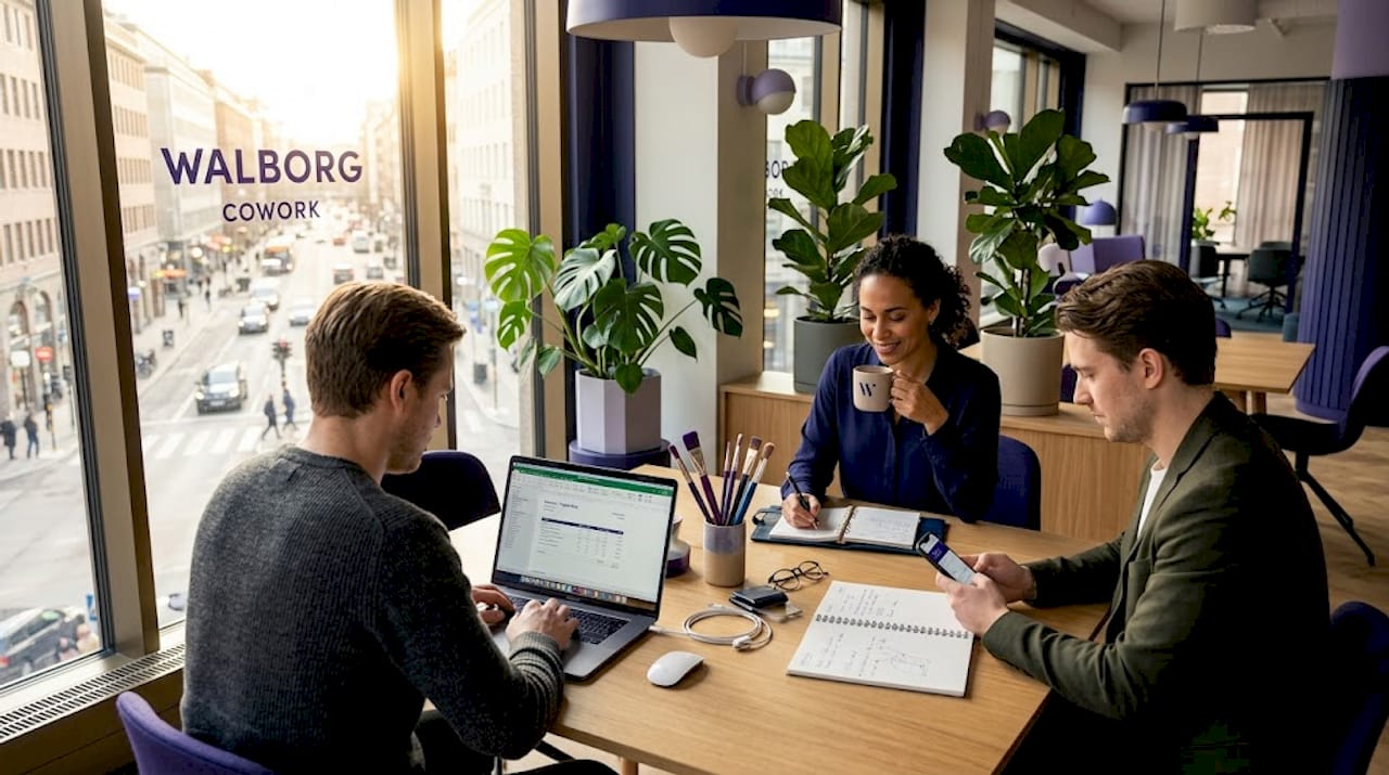 Företagare samarbetar i ett modernt coworkingkontor mitt i Göteborg