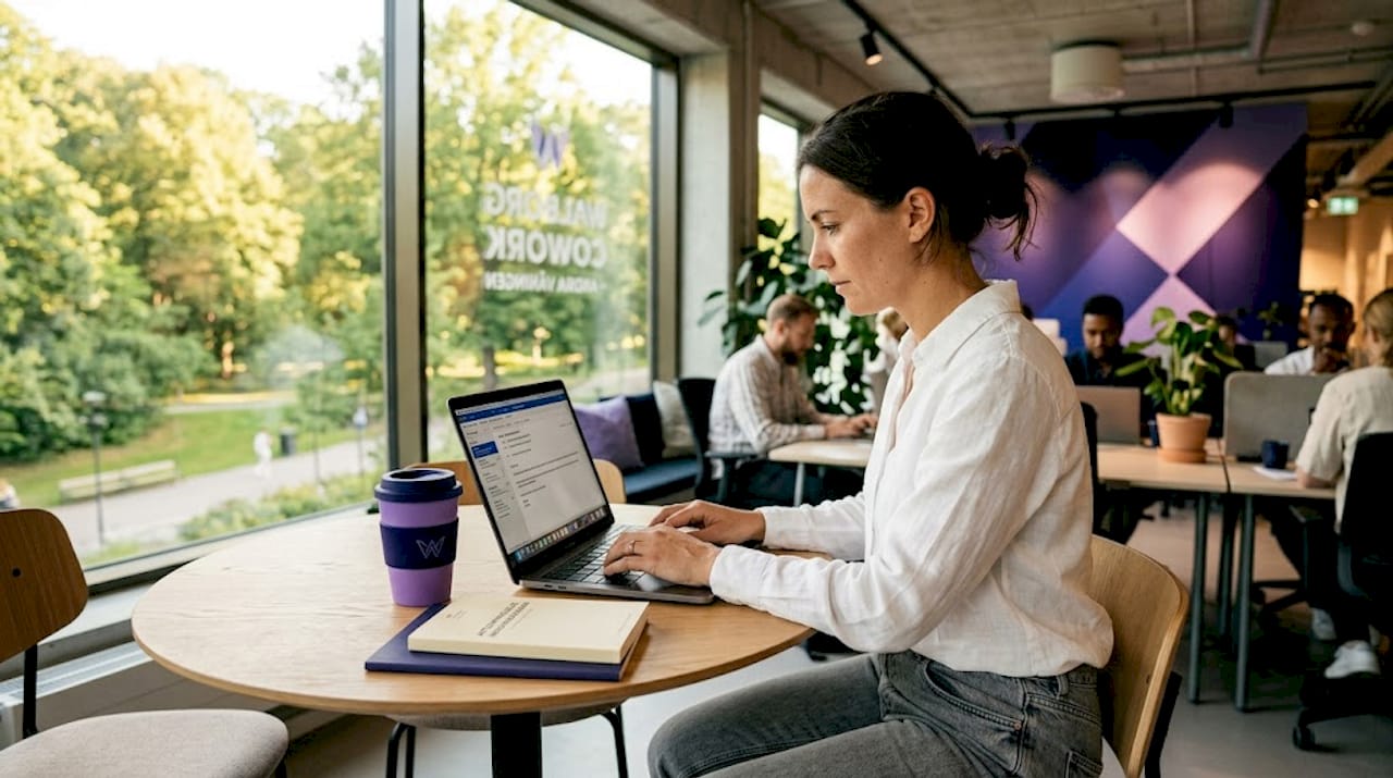 En person som jobbar vid ett satellitkontor i ett coworking-utrymme