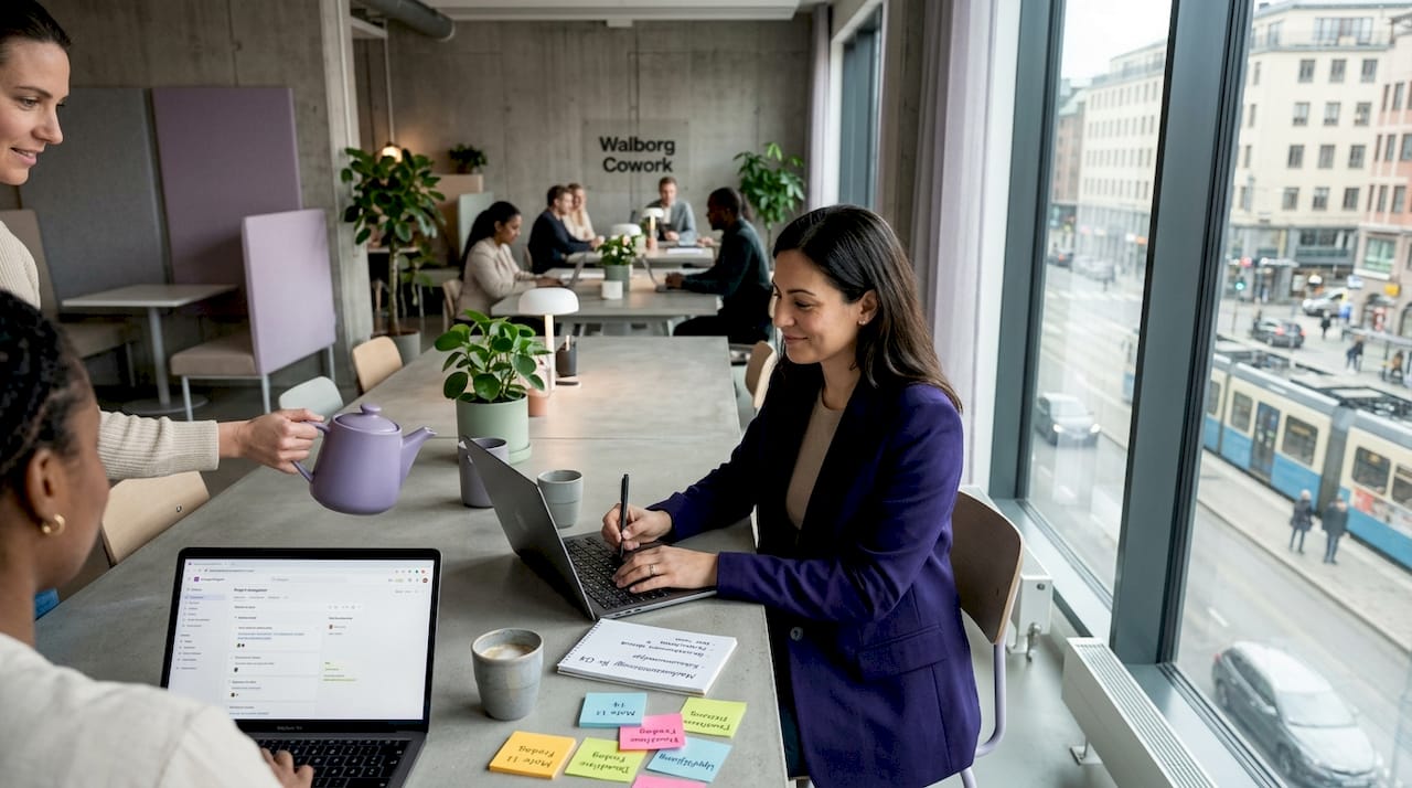 Entreprenörer samarbetar och nätverkar i en inspirerande coworkingmiljö med ljusa, öppna ytor.