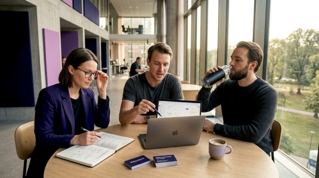 Ett startup-team samarbetar och utbyter idéer i ett modernt coworkingkontor.