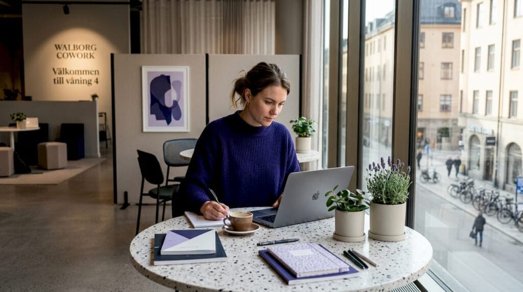 Entreprenör som jobbar vid ett kreativt och energifyllt kontorsbord tillsammans med andra.