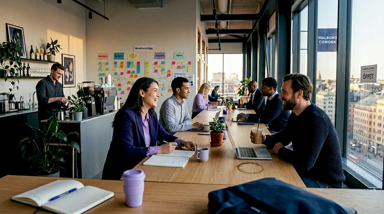 Yrkesverksamma som samarbetar i en modern coworkingmiljö