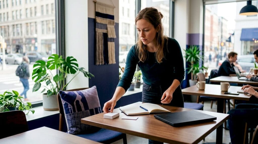 En entreprenör sitter vid ett bord i en coworkingmiljö och förbereder sig inför dagens uppgifter.