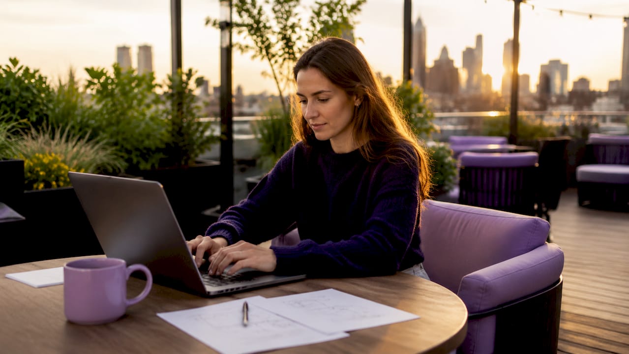 Entreprenör som jobbar i ett modernt coworking-utrymme med generöst dagsljus.
