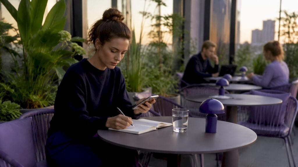 En kvinna sitter och jobbar i ett coworking-space med mobilen i handen och anteckningsblocket framför sig.
