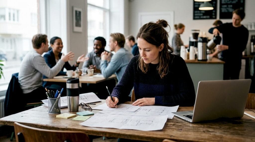 En kvinna sitter och arbetar med sina skisser i en kreativ coworkingmiljö.