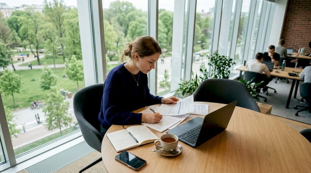 En entreprenör sitter och jobbar i en inspirerande coworkingmiljö, omgiven av andra kreativa människor.