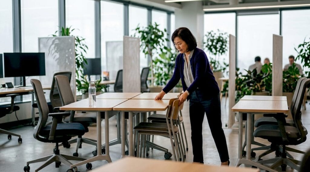 En kvinna möblerar om i ett ljust kontor med flexibla kontorsmöbler.