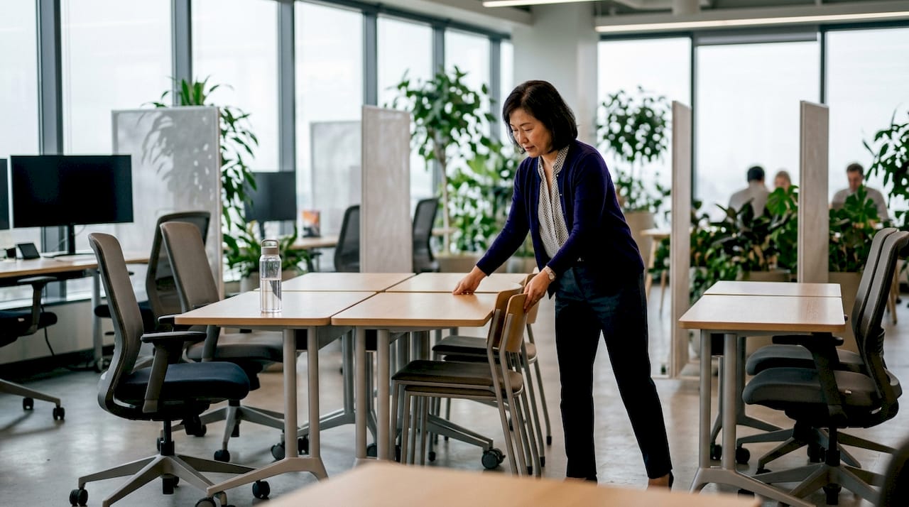En kvinna möblerar om i ett ljust kontor med flexibla kontorsmöbler.