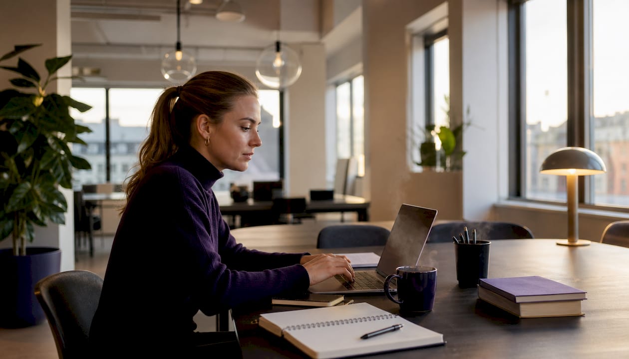 Ung kvinna jobbar i ett ljust och modernt coworking-kontor