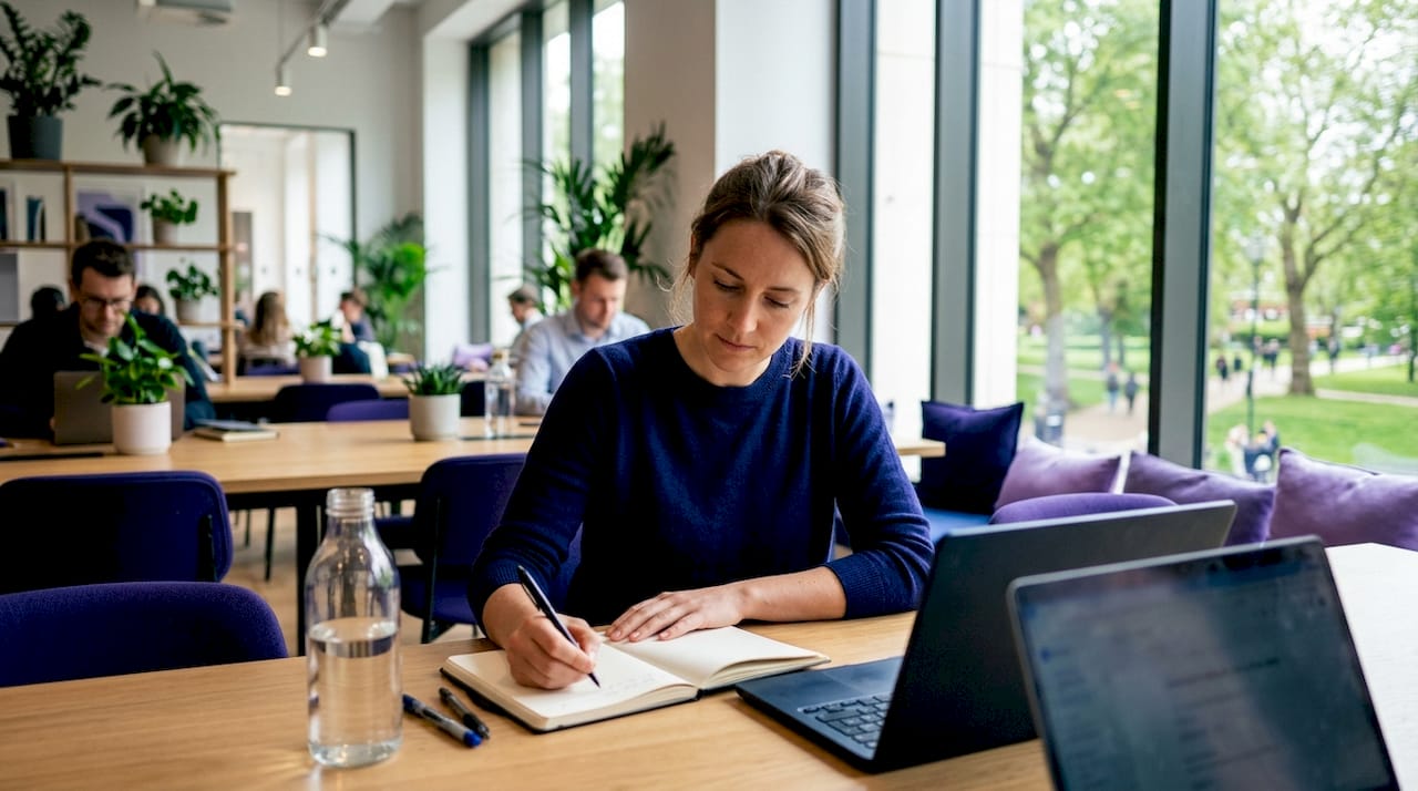 Frilansare sitter och jobbar i en ljus och inspirerande coworkingmiljö.