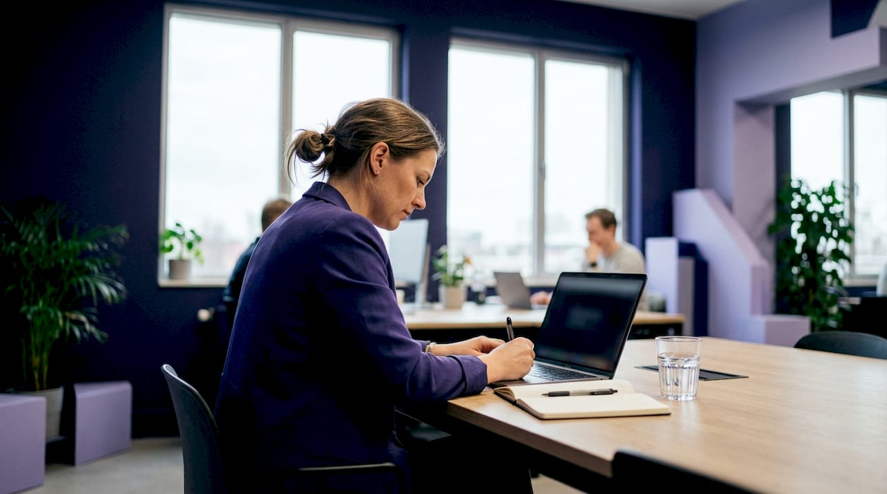 En kvinna sitter och jobbar vid sitt skrivbord på ett coworkingkontor.