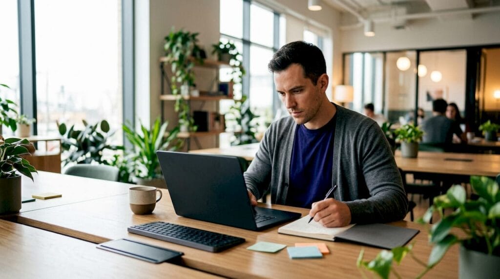 Man jobbar vid en laptop på ett coworkingkontor.