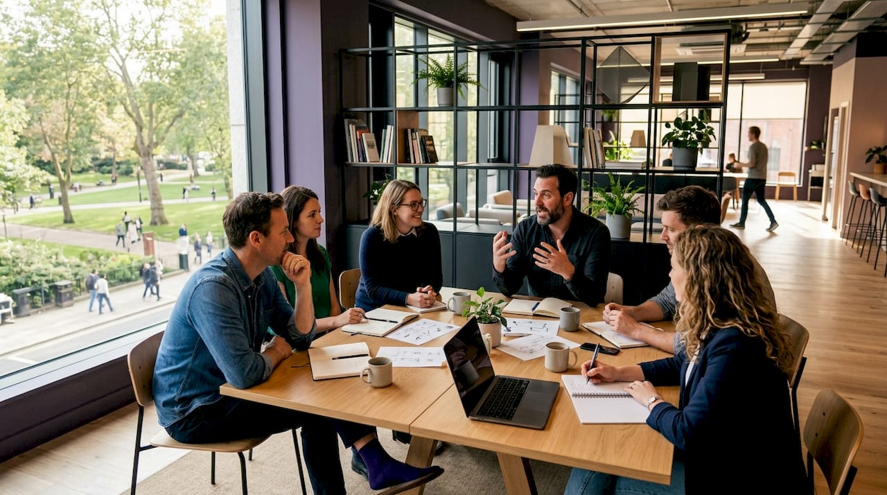 Företagare samarbetar i en ljus och inspirerande coworkingmiljö.