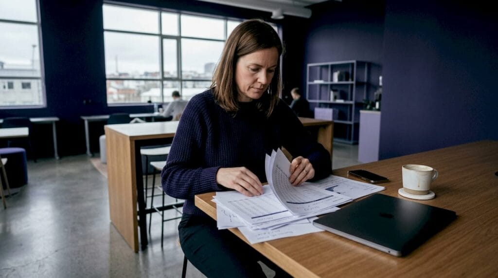 En kvinna går igenom närvarolistan på kontoret