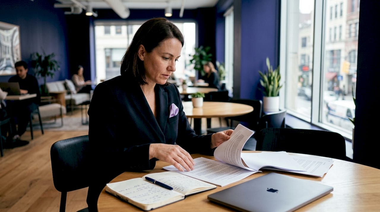 Två företagsledare diskuterar villkoren för ett coworking-avtal över ett mötesbord.