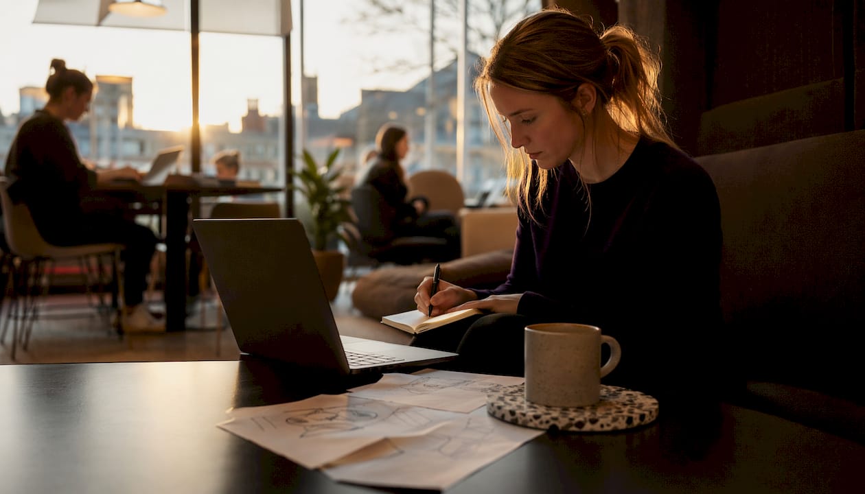 En entreprenör sitter och jobbar med sin laptop och anteckningsblock på ett coworking-ställe i Göteborg.