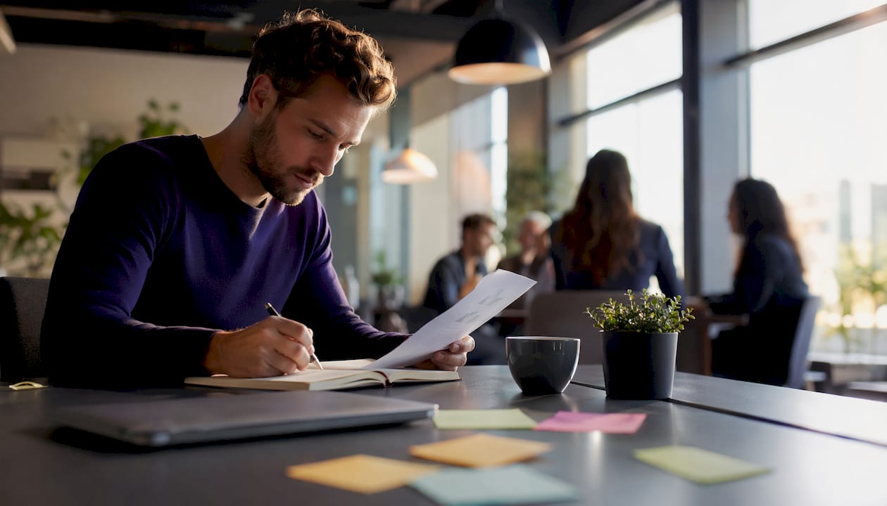 En entreprenör går igenom sin startuplista vid skrivbordet och ser över vad som behöver göras.