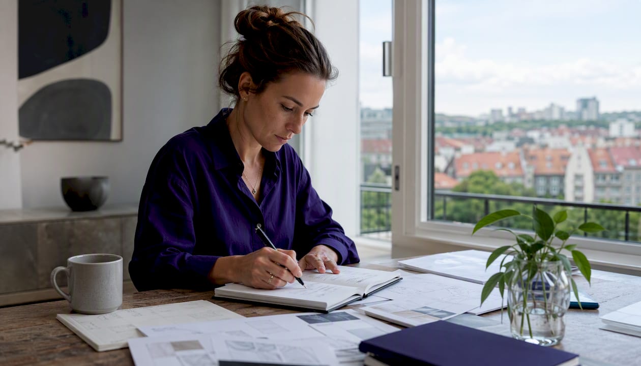 Entreprenör antecknar idéer i ett kreativt kontorslandskap