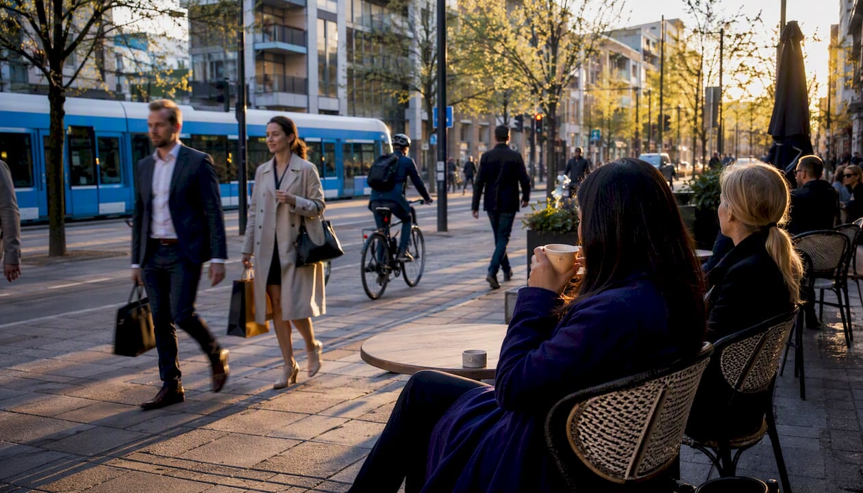 Utsikt över Sundbybergs affärskvarter i morgonljus