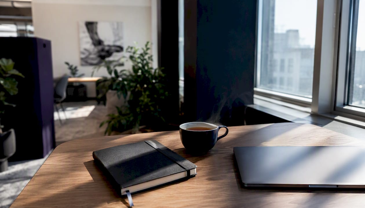 Frilansarens skrivbord – en kopp kaffe står bredvid den avstängda laptopen