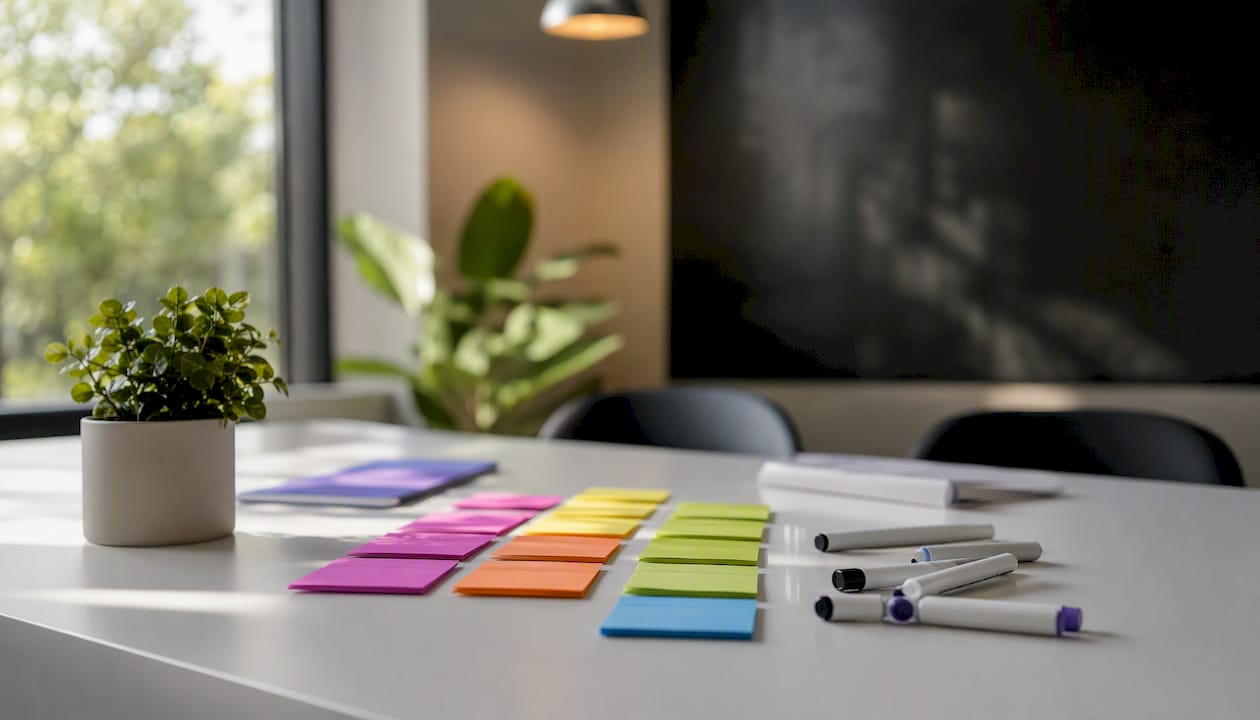 Kreativ arbetsyta med whiteboard, post-it-lappar och verktyg för idéarbete
