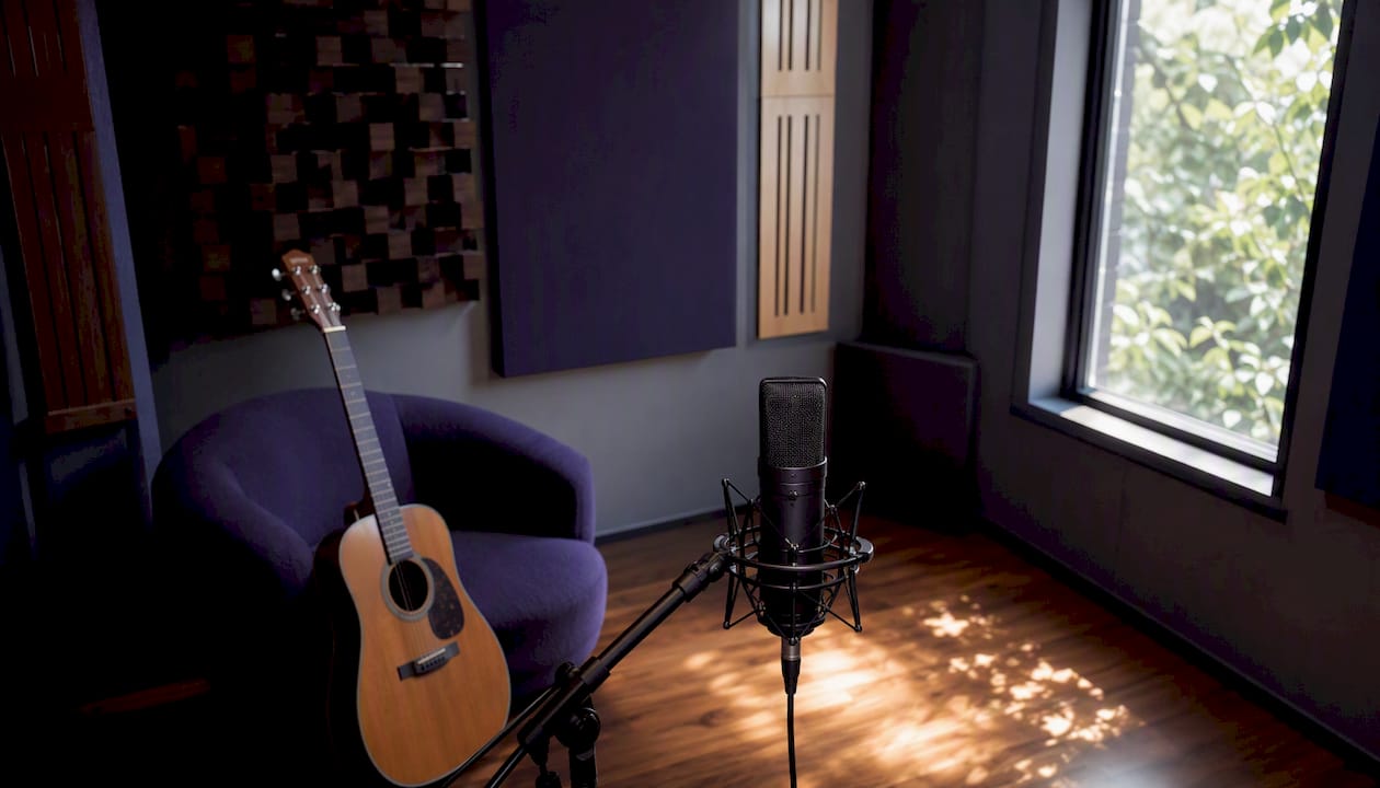 Inspelningsstudions live-rum med mikrofon uppställd och redo för tagning.