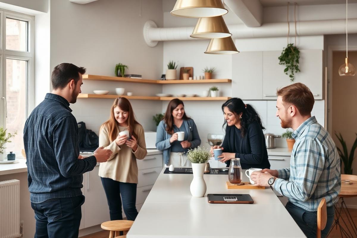 Medlemmar samtalar i en ljus lounge i Walborgs coworking i Göteborg