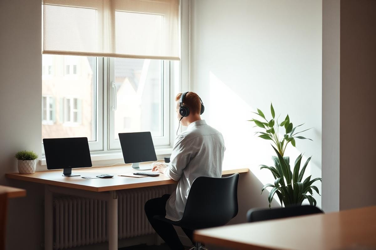 Person med hörlurar arbetar koncentrerat vid ett fönsterbord i en tyst zon