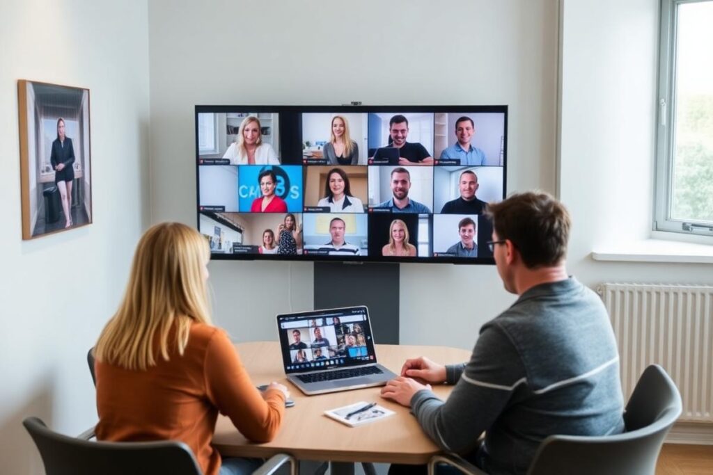 Hybridmöte med skärm i mötesrum hos Walborg Cowork