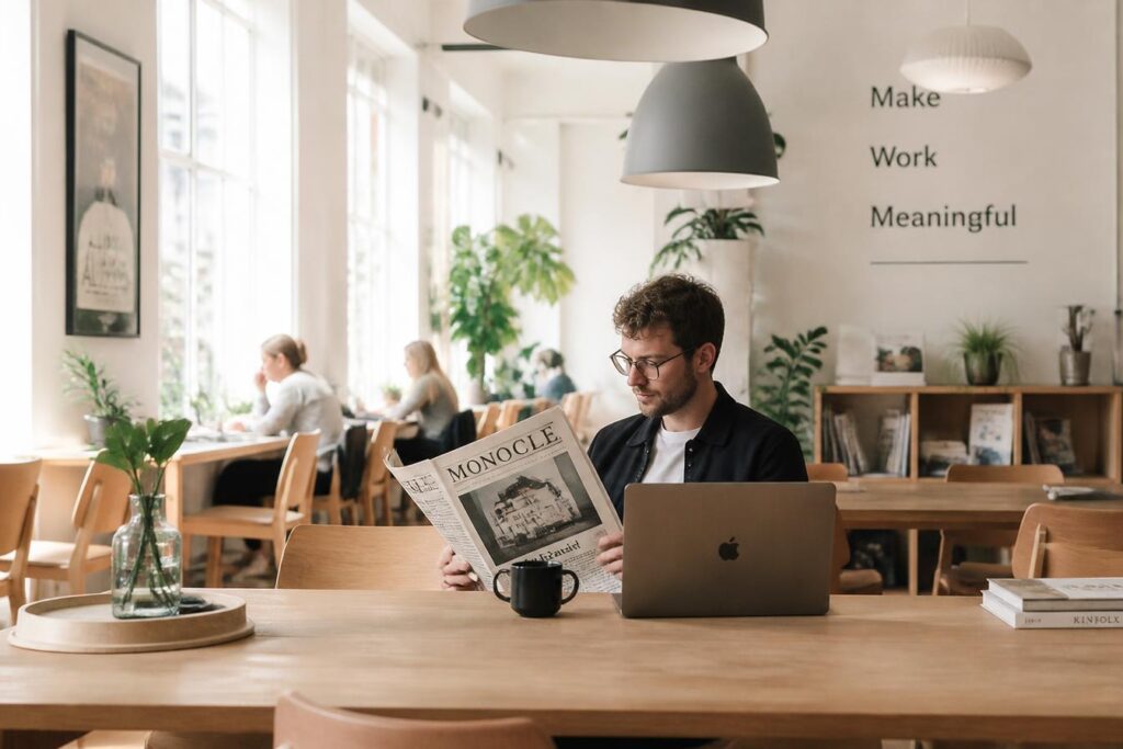 Person läser tidning och arbetar på laptop i coworkingmiljö hos Walborg Cowork
