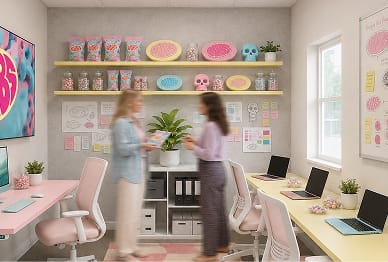 Eget kontorsrum med rosa inredning och fyra arbetsplatser på Walborg Cowork i Göteborg