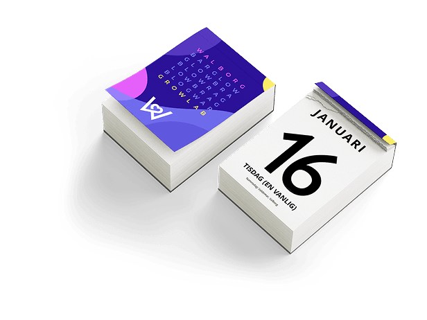 Mockup av en bordskalender med Walborg Coworks grafiska profil