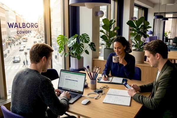 Företagare samarbetar i ett modernt coworkingkontor mitt i Göteborg