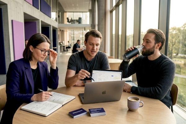 Ett startup-team samarbetar och utbyter idéer i ett modernt coworkingkontor.