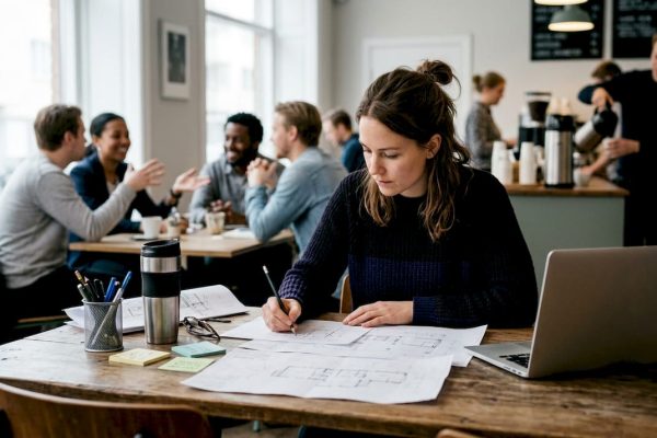 En kvinna sitter och arbetar med sina skisser i en kreativ coworkingmiljö.