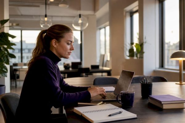 Ung kvinna jobbar i ett ljust och modernt coworking-kontor