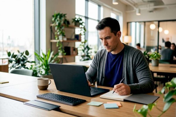 Man jobbar vid en laptop på ett coworkingkontor.