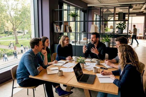 Företagare samarbetar i en ljus och inspirerande coworkingmiljö.