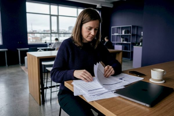 En kvinna går igenom närvarolistan på kontoret