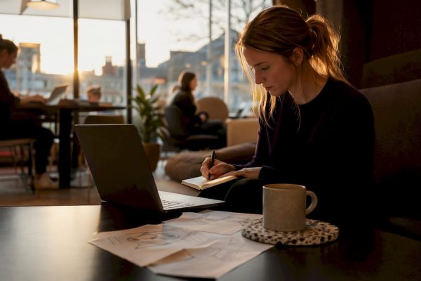 En entreprenör sitter och jobbar med sin laptop och anteckningsblock på ett coworking-ställe i Göteborg.