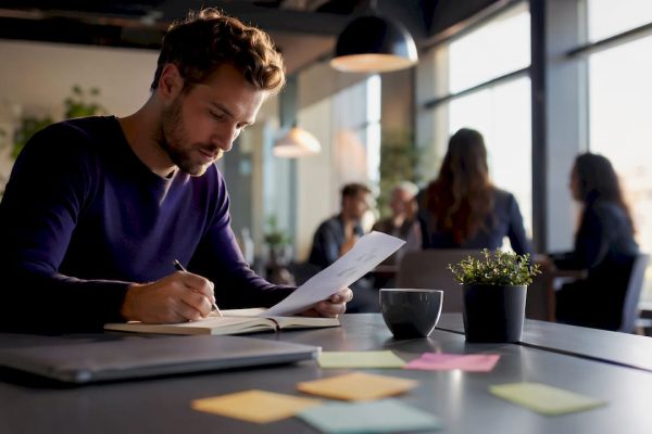 En entreprenör går igenom sin startuplista vid skrivbordet och ser över vad som behöver göras.