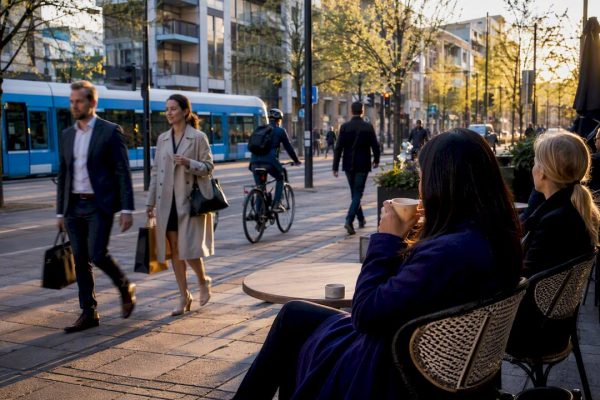 Utsikt över Sundbybergs affärskvarter i morgonljus
