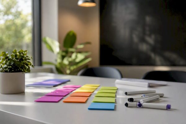 Kreativ arbetsyta med whiteboard, post-it-lappar och verktyg för idéarbete