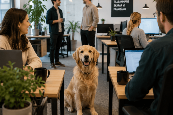 Members working and talking in an office space with a golden retriever sitting in the middle